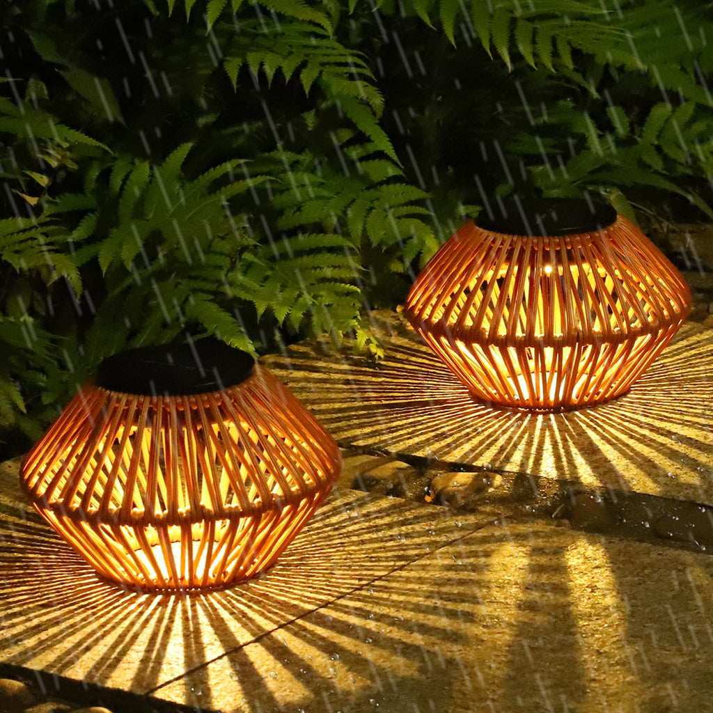 2 Pack Solar Lanterns Outdoor Waterproof, Outdoor Table Lamp Decor, Rattan Solar Lights Decorative, Small Tabletop Lantern Gifts for Mom, Grandma, Lantern Lights Outside for Garden, Yard, Steps